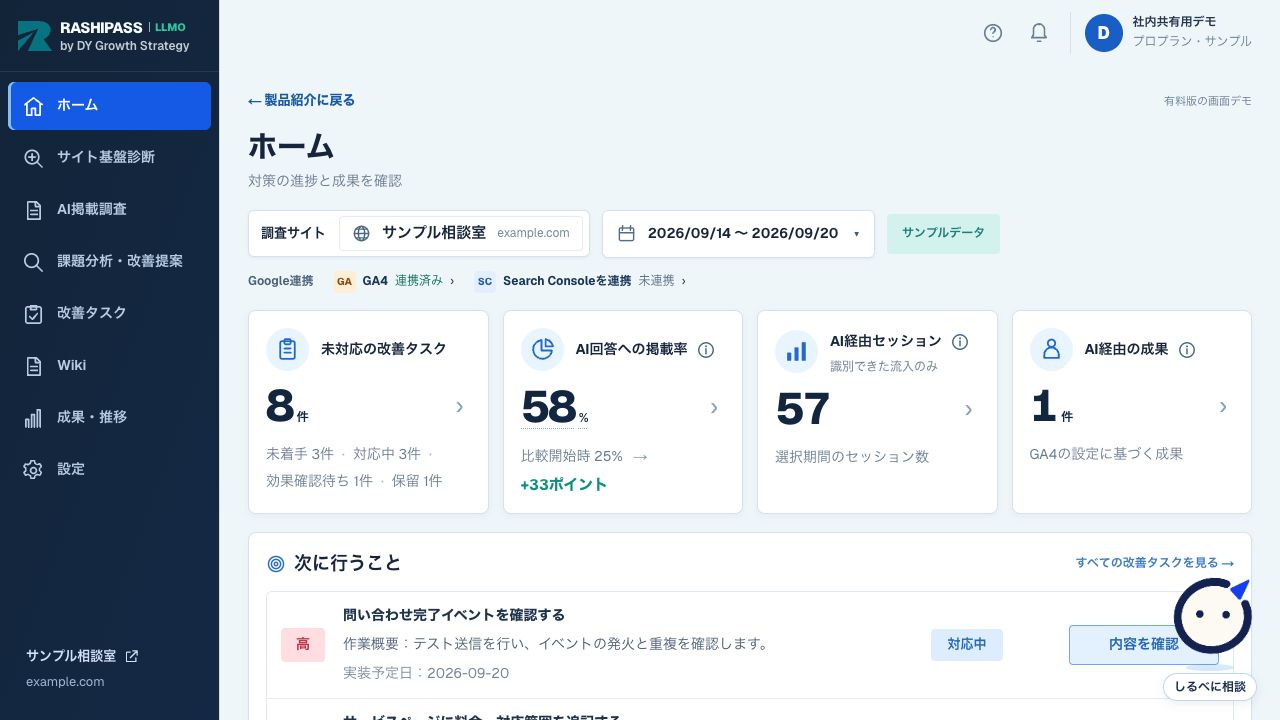 RASHIPASS LLMO ホーム画面の実際の製品デモ画面