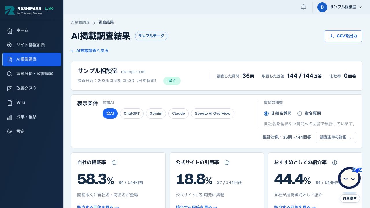 AI掲載調査のデモ画面